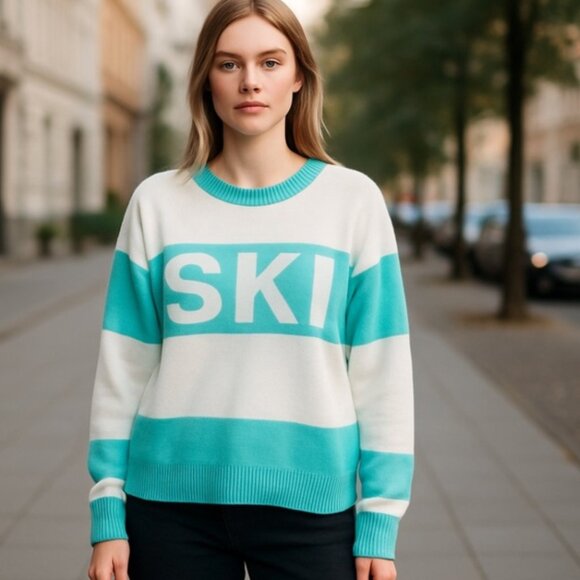 NWT CeCe “SKI” Motif Turtleneck Sweater Cozy Winter Colorblock Soft - Picture 1 of 5